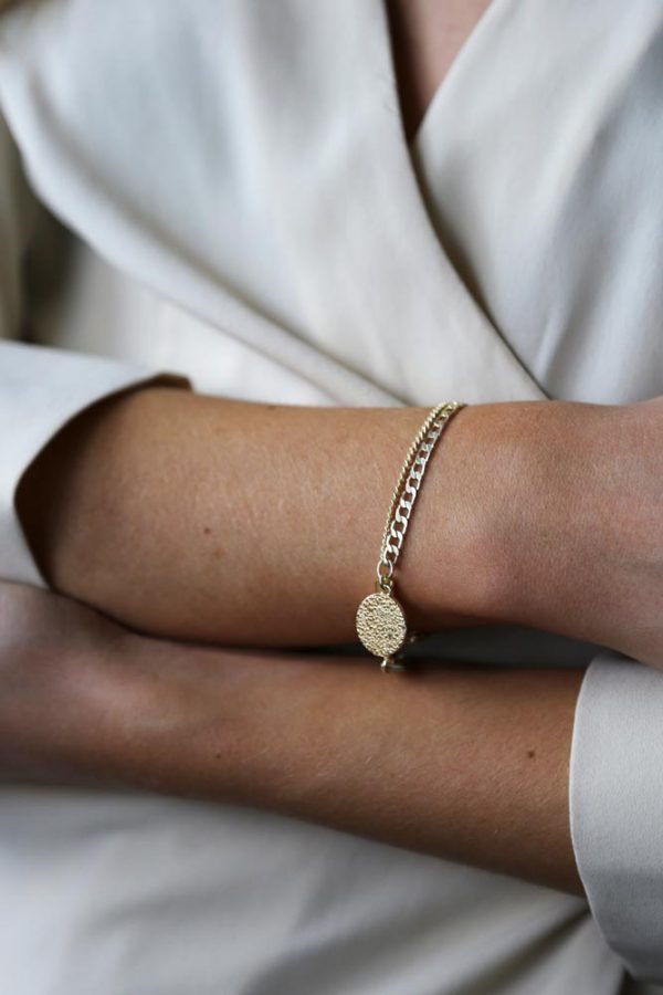 Gold Bracelet with textured disc charm