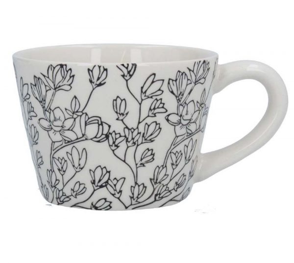 White Ceramic Mug With Magnolias Pattern