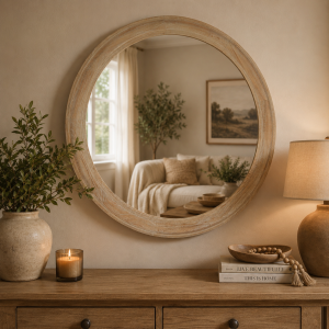 Washed Wood Round Framed Large Mirror